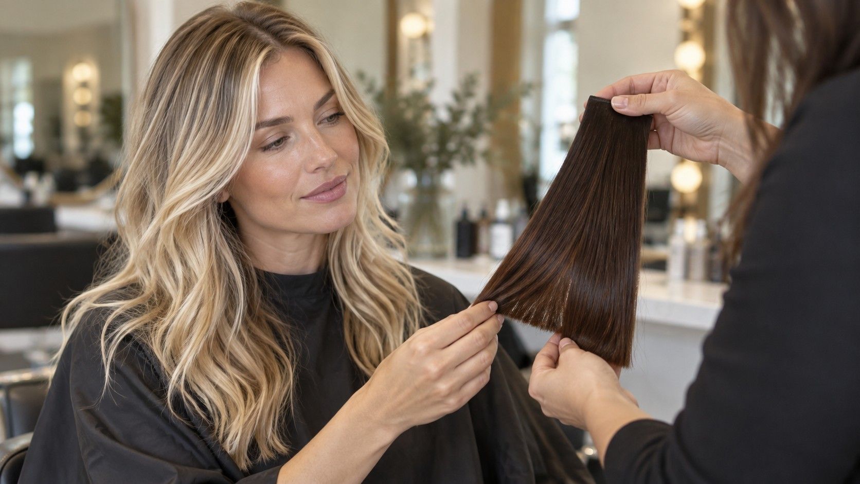 Bleached blonde hair changing to dimensional brown