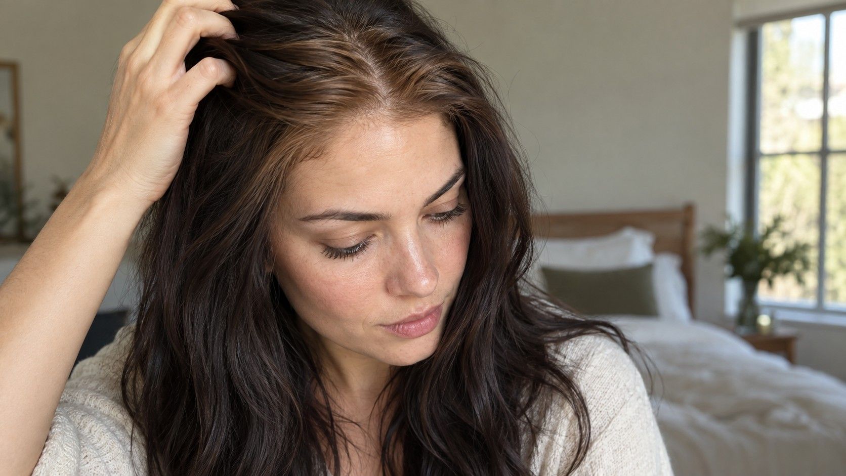 Warm roots beside darker hair lengths