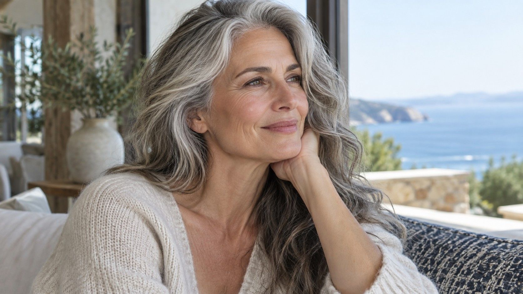Natural gray hair growing through brunette lengths