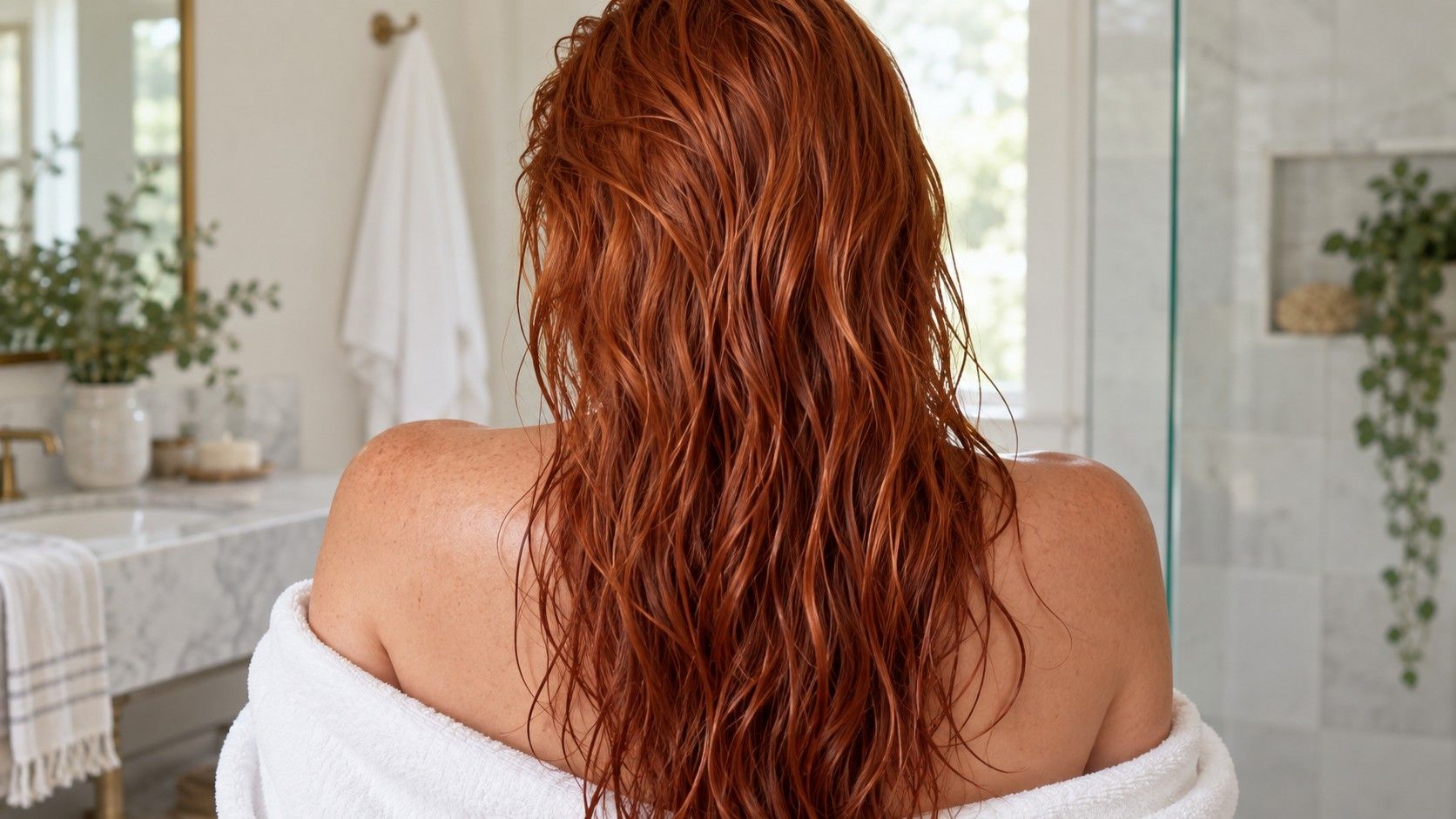 Fresh red hair beside a pale towel